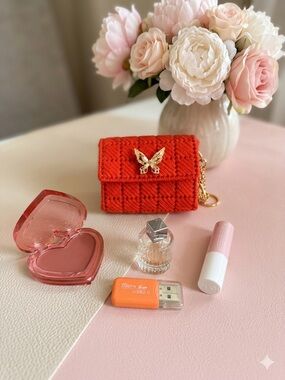 Handmade Red Mini Keychain Pouch with Gold Butterfly Charm